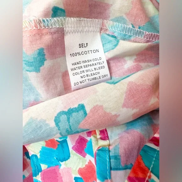 Avara Colorful Watercolor Print Smocked Babydoll Top in Pink, Blue, Green - Picture 6 of 11